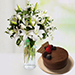 Charm Of White With Lilies And Roses With Chocolate Cake