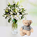 Charm Of White With Lilies And Roses With Teddy Bear