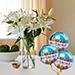 Happiness With Lilies Arrangement And Birthday Balloons