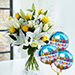 Lilies And Yellow Roses With Birthday Balloons