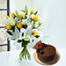 Lilies And Yellow Roses With Chocolate Cake