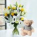 Lilies And Yellow Roses With Teddy Bear