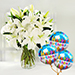Serene Arranagement Of White Lilies With Birthday Balloons