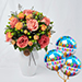 Exotic Flowers Ceramic Vase Arrangement With Birthday Balloons