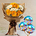 Lovely Yellow White Flowers Jute Bouquet With Balloons
