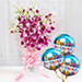 Royal Orchid Bunch With Birthday Balloons