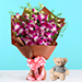 Six Exotic Purple Orchids Bouquet With Teddy