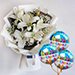 Charming White Lilies Bouquet With Birthday Balloons