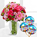 Happiness Flower Arrangement With Birthday Balloons