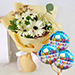 Peaceful White Gerberas Bouquet With Birthday Balloons