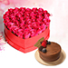 Dark Pink Roses In Heart Shape Box With Cake