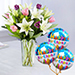 Medley Of Lilies And Tulips With Birthday Balloons