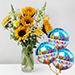 Alluring Mixed Flowers Glass Vase With Birthday Balloons