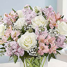 Pink With White Floral Bunch In Glass Vase