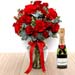 Red Flowers In Glass Vase With Mini Moet Champagne 200 Ml For Valentines