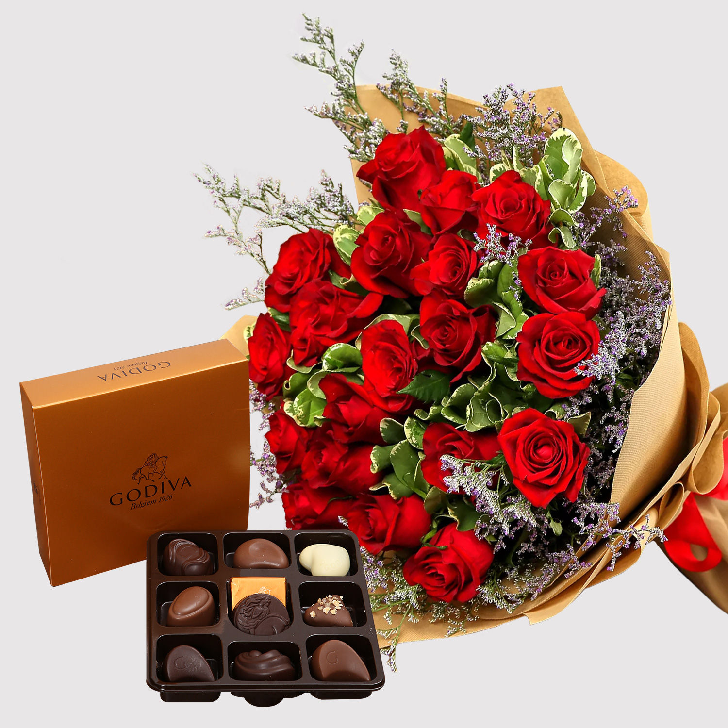 Online Red Roses and Godiva Chocolate Box Gift Delivery in Singapore FNP