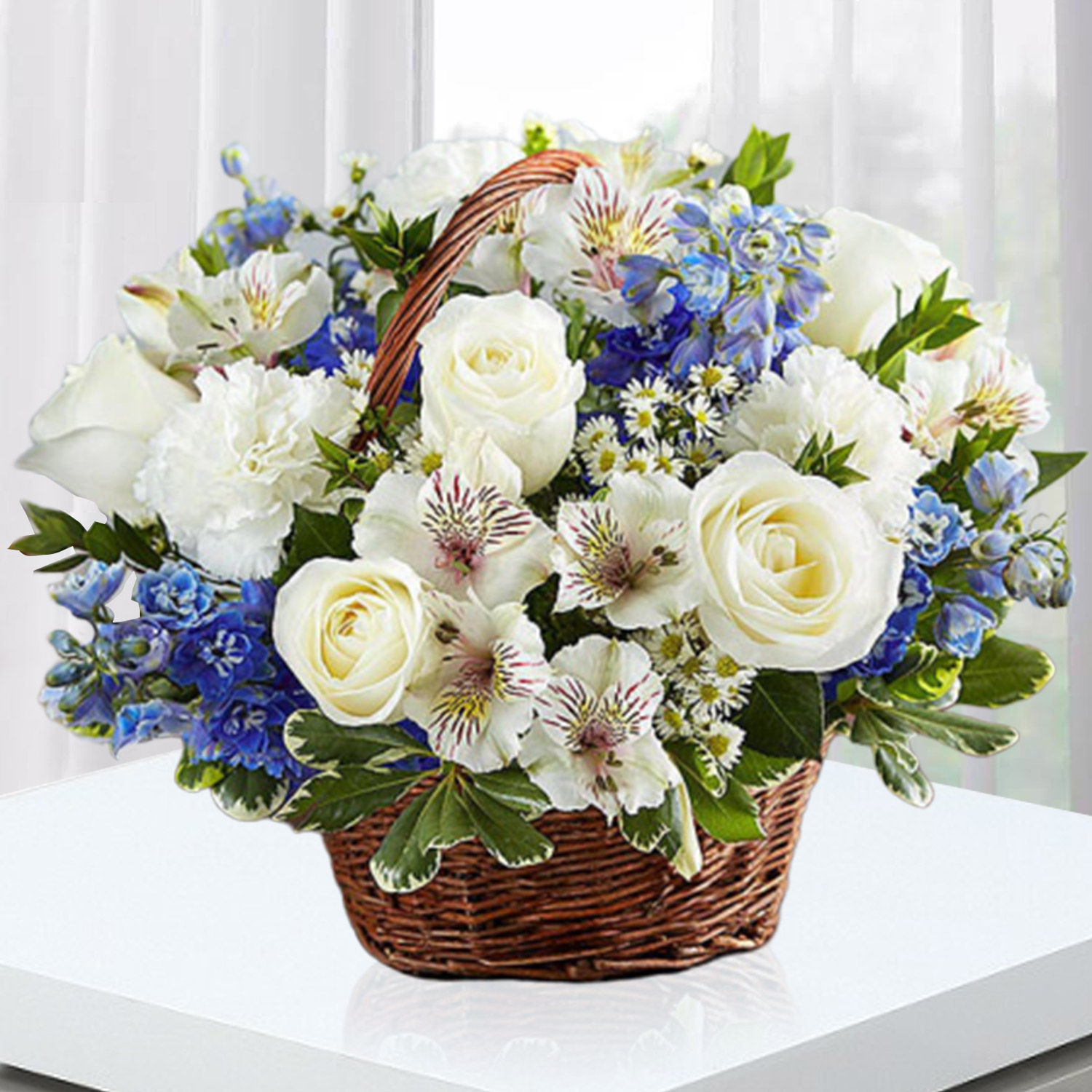 Online Blue and White Blooms Basket Gift Delivery in Singapore - FNP