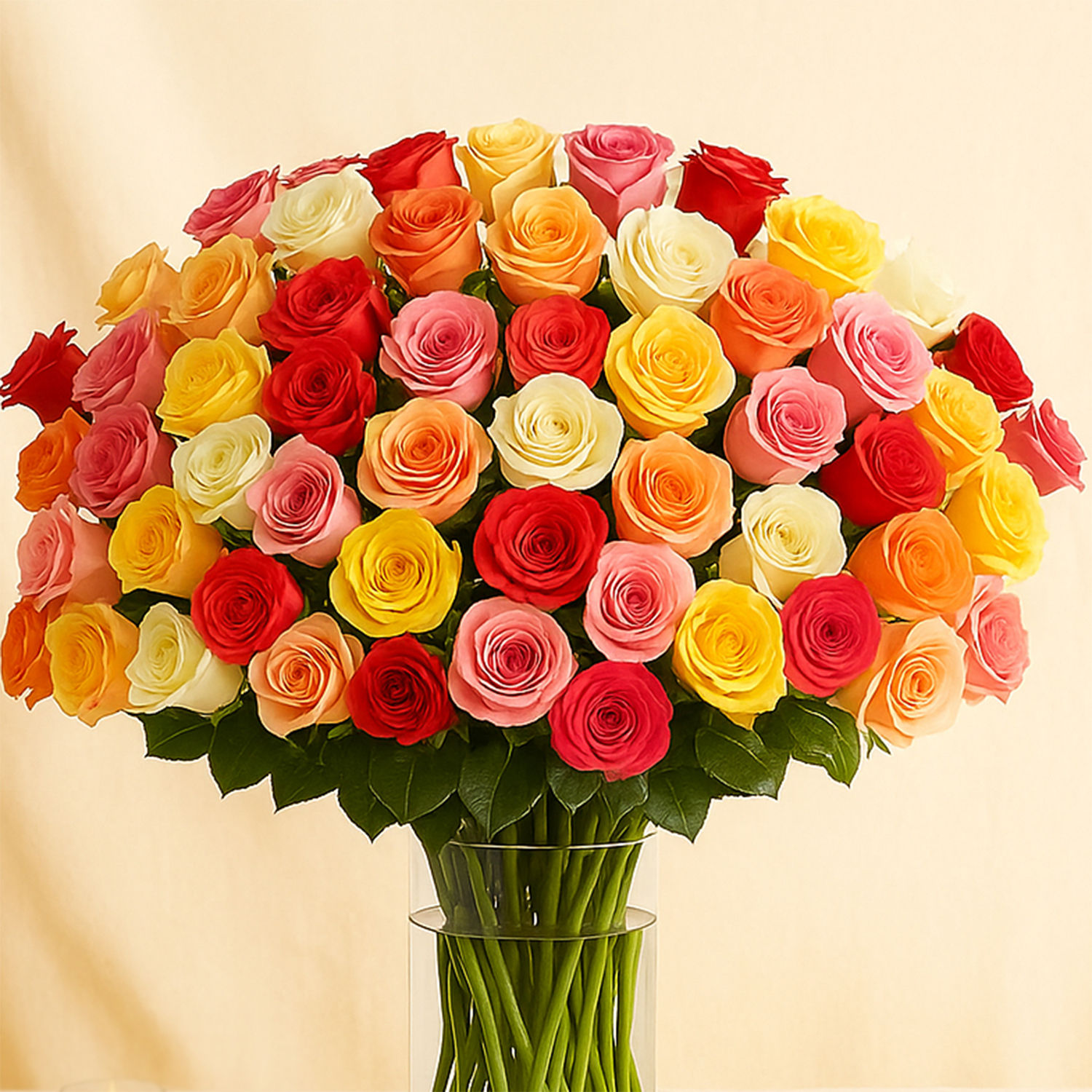 Online Bunch of 100 Mixed Roses In Glass Vase Gift Delivery in