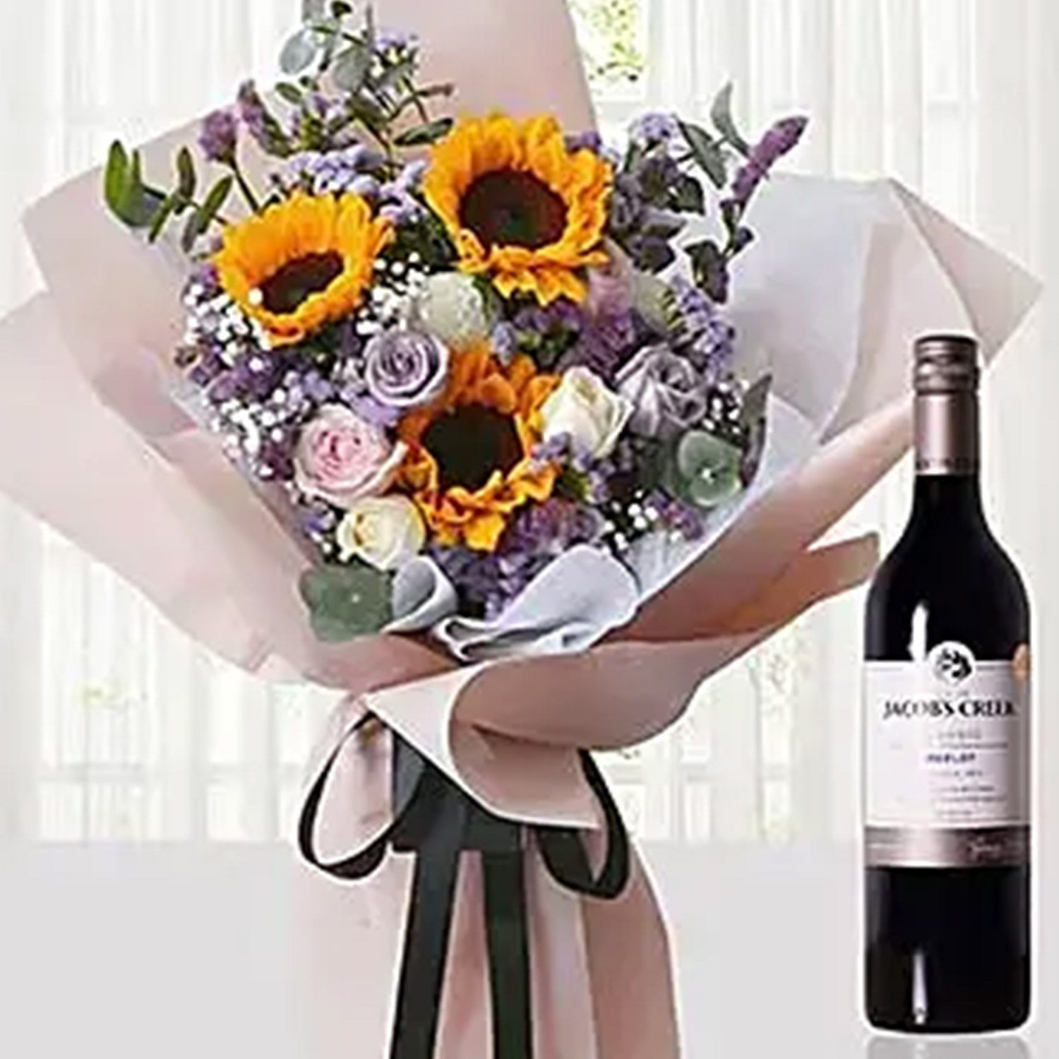 Online Mixed Flowers Bouquet N Wine Combo Gift Delivery in Singapore FNP