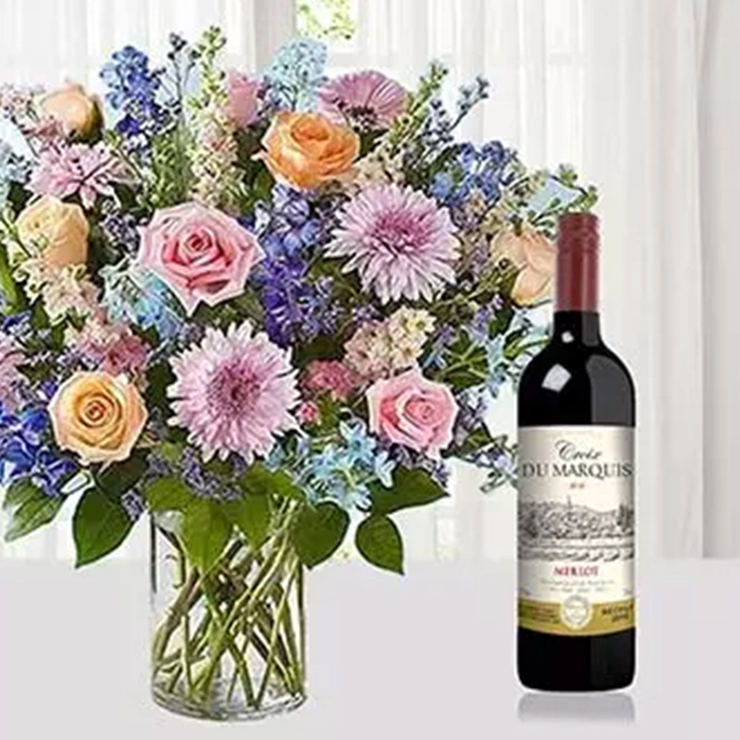 Online Mixed Flowers Vase Arrangement With Wine Gift Delivery in