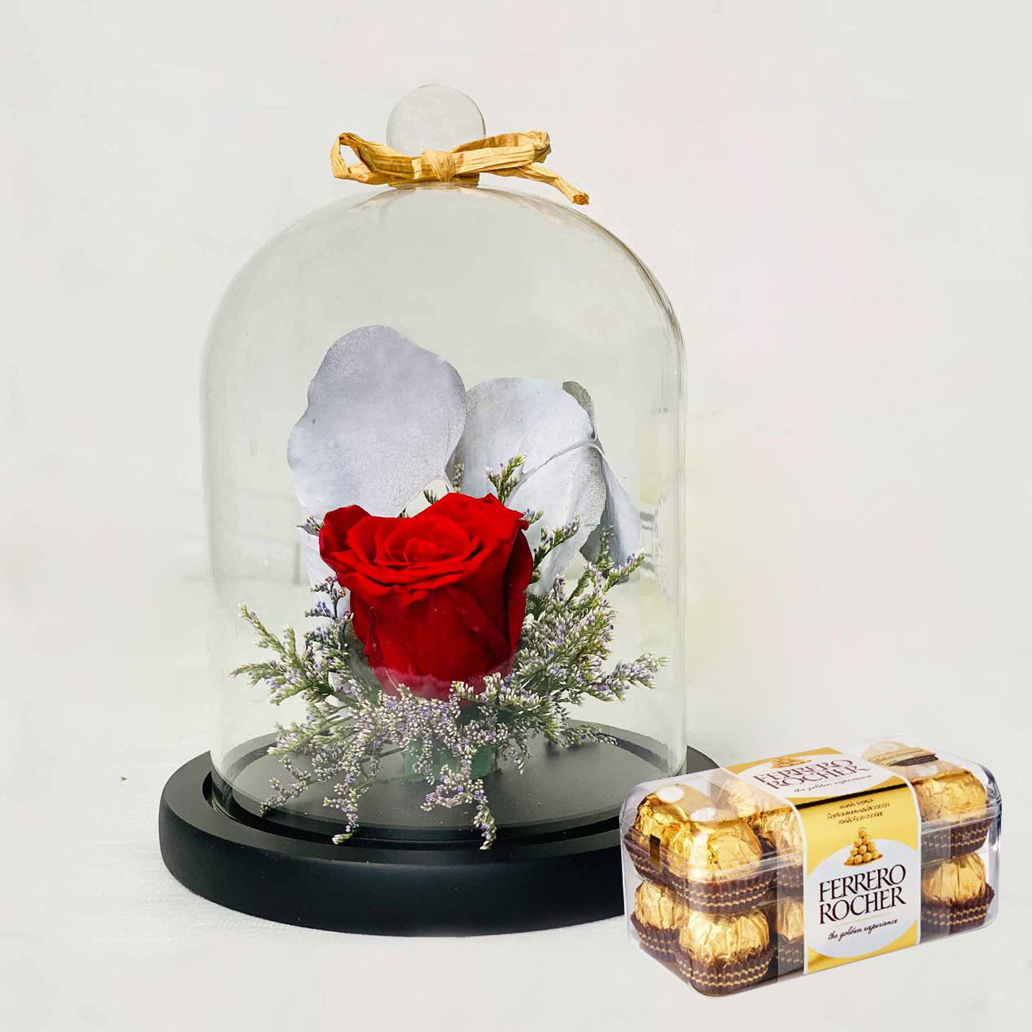 Online Red Forever Rose In Glass Dome with Ferrero Rocher Gift Delivery