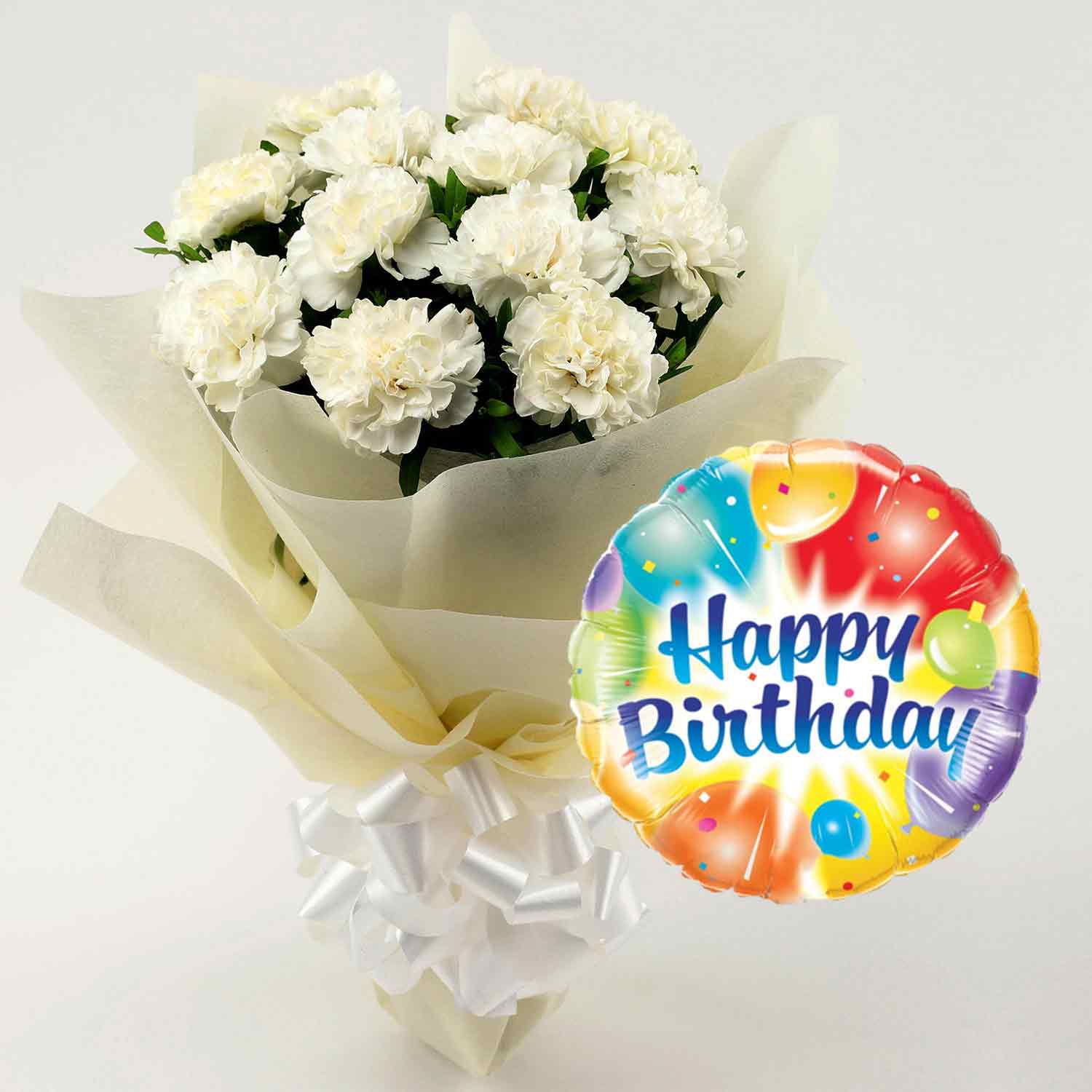 Online 12 White Carnations Bouquet Medium with Happy Birthday Balloon