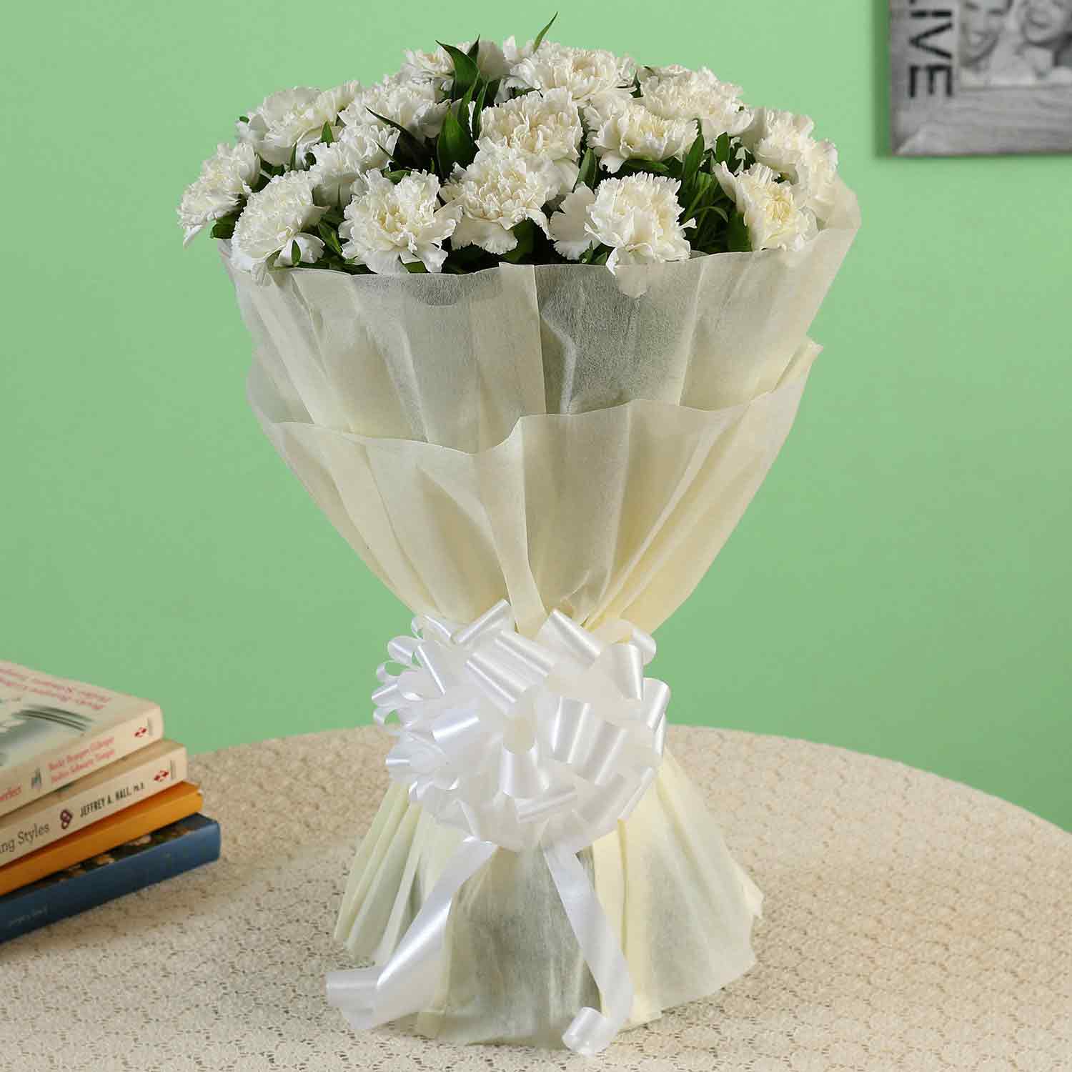 Online White Carnations Bouquet Large With Moet Champagne Ml Gift Delivery In Singapore FNP