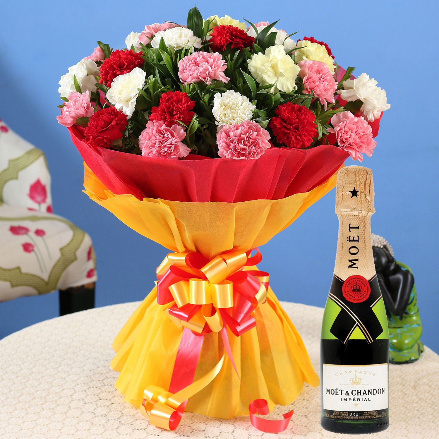 Online Mixed Carnations Bouquet Large With Moet Champagne Ml Gift Delivery In Singapore FNP