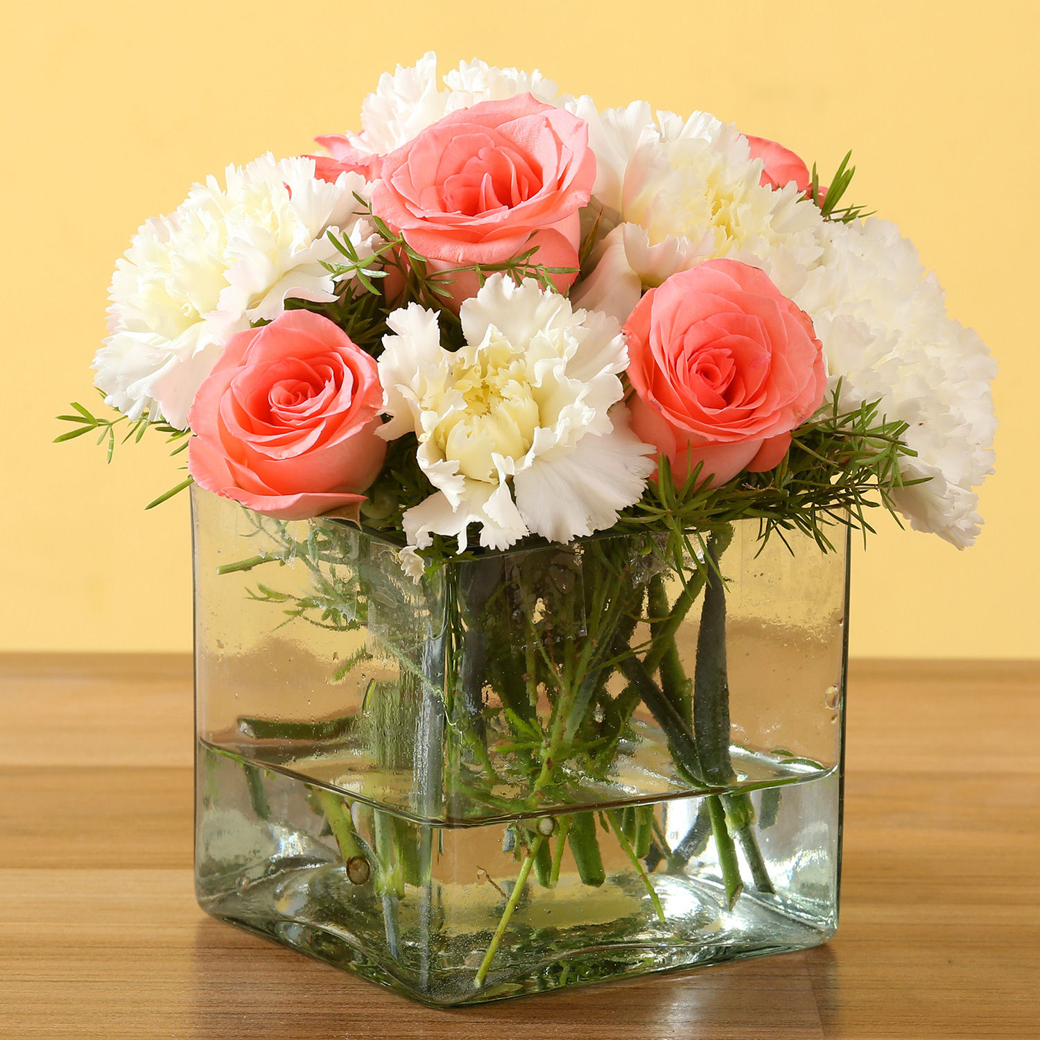 Online beautiful Pink Roses & White Carnations Vase Gift Delivery in ...