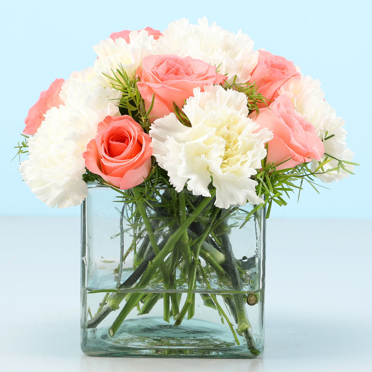 Online Beautiful Pink Roses White Carnations Vase Gift Delivery In Singapore Fnp