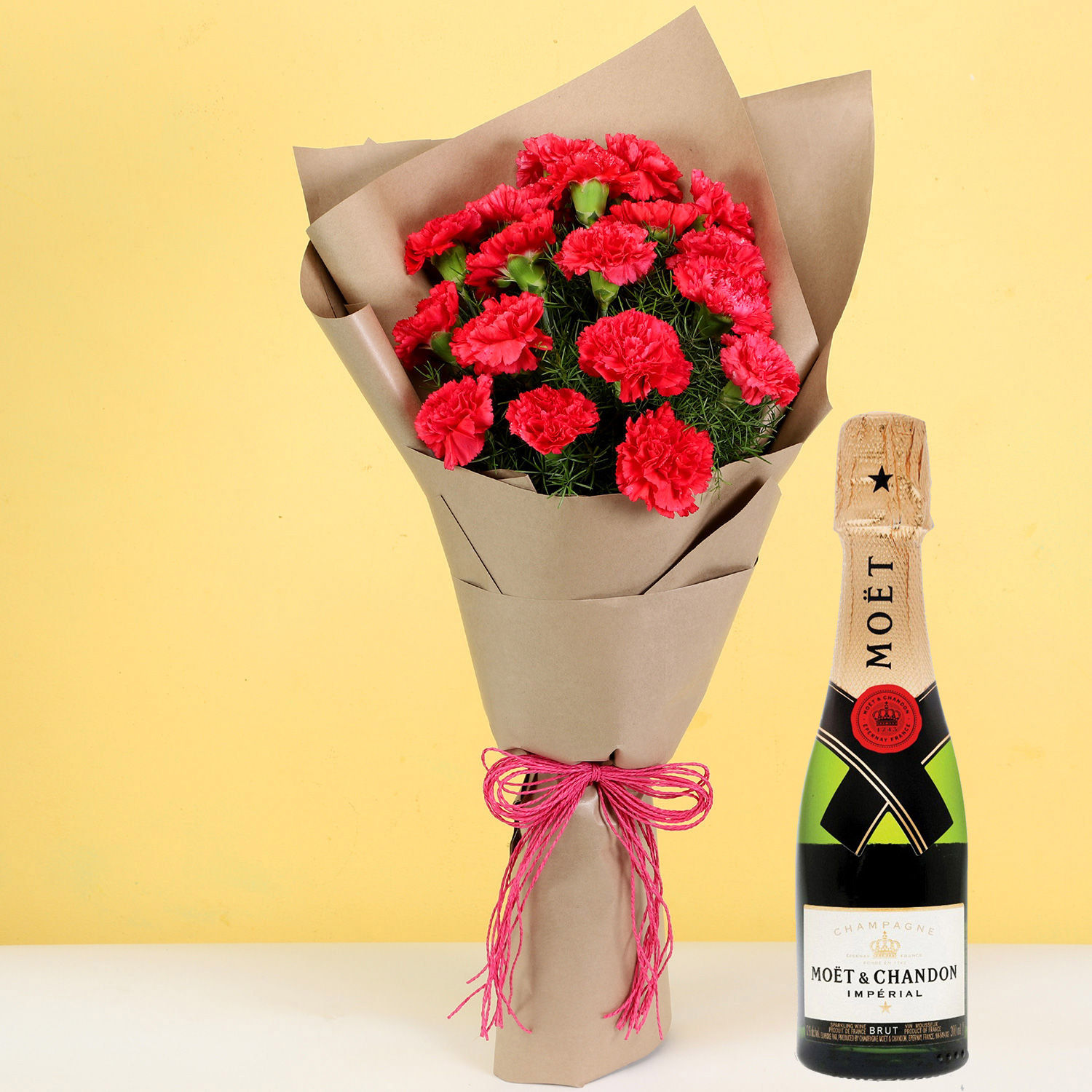 Online Gorgeous Dark Pink Carnations Bouquet With Moet Champagne Ml Gift Delivery In