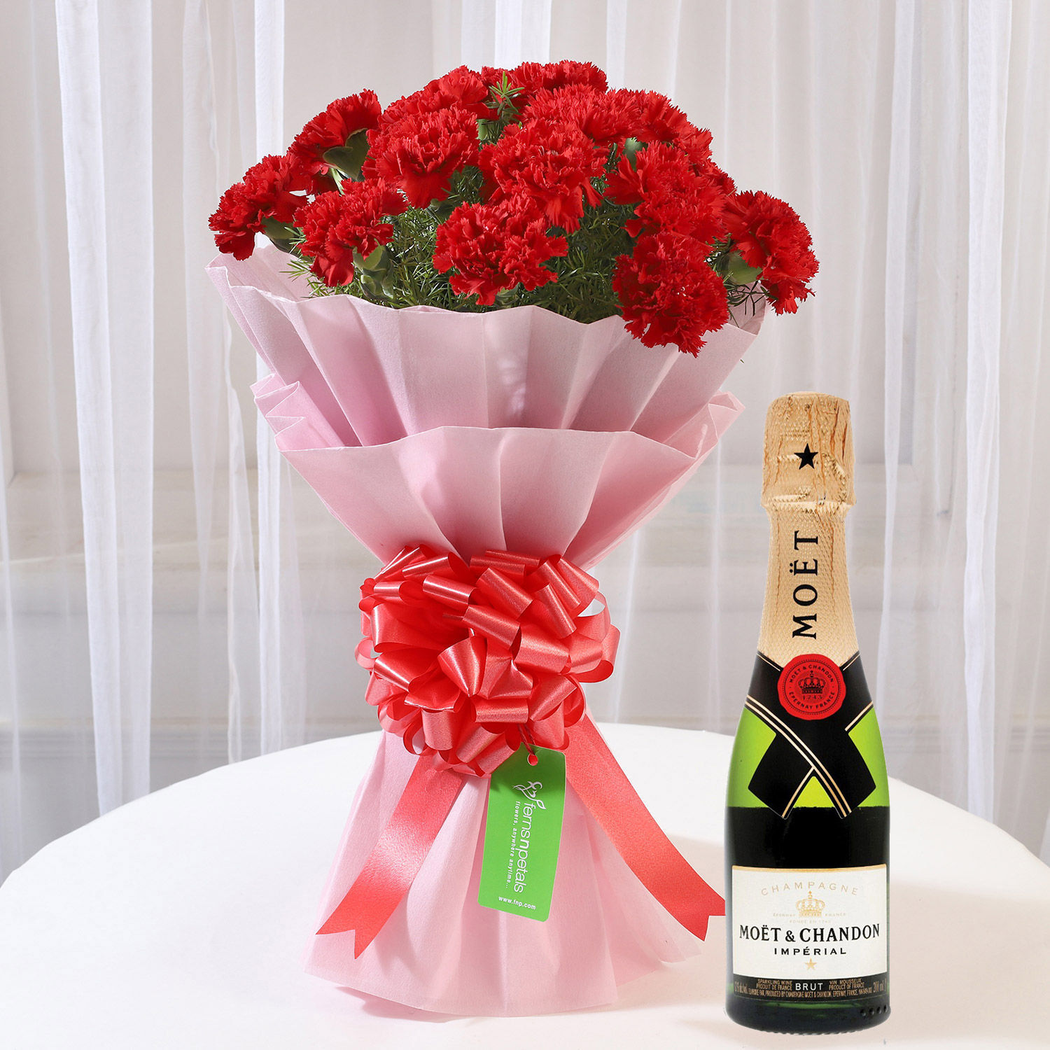 Online Ravishing Red Carnations Bouquet With Moet Champagne Ml Gift Delivery In Singapore