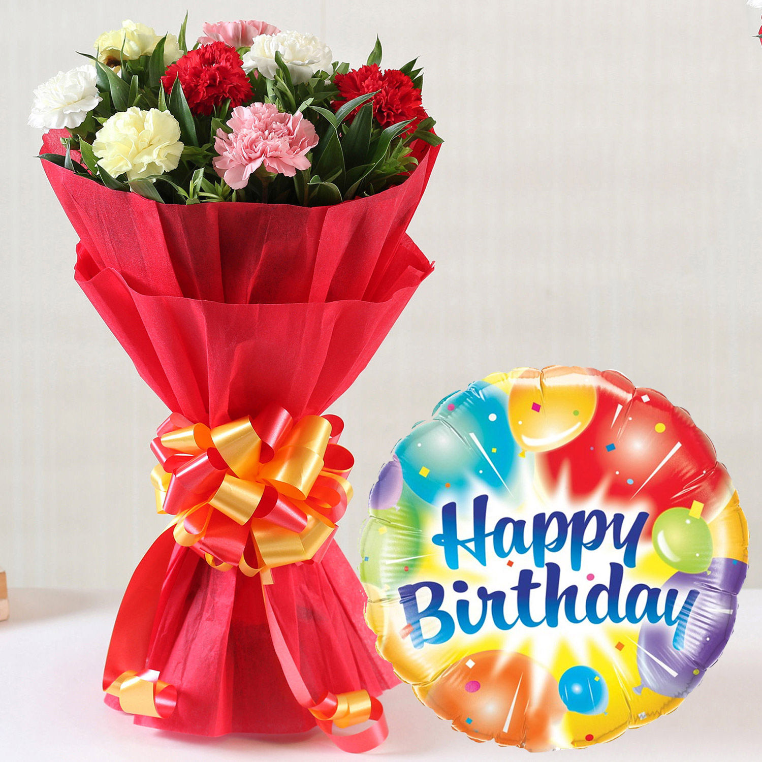 Online 8 Mixed Carnations Bouquet Small with Happy Birthday Balloon