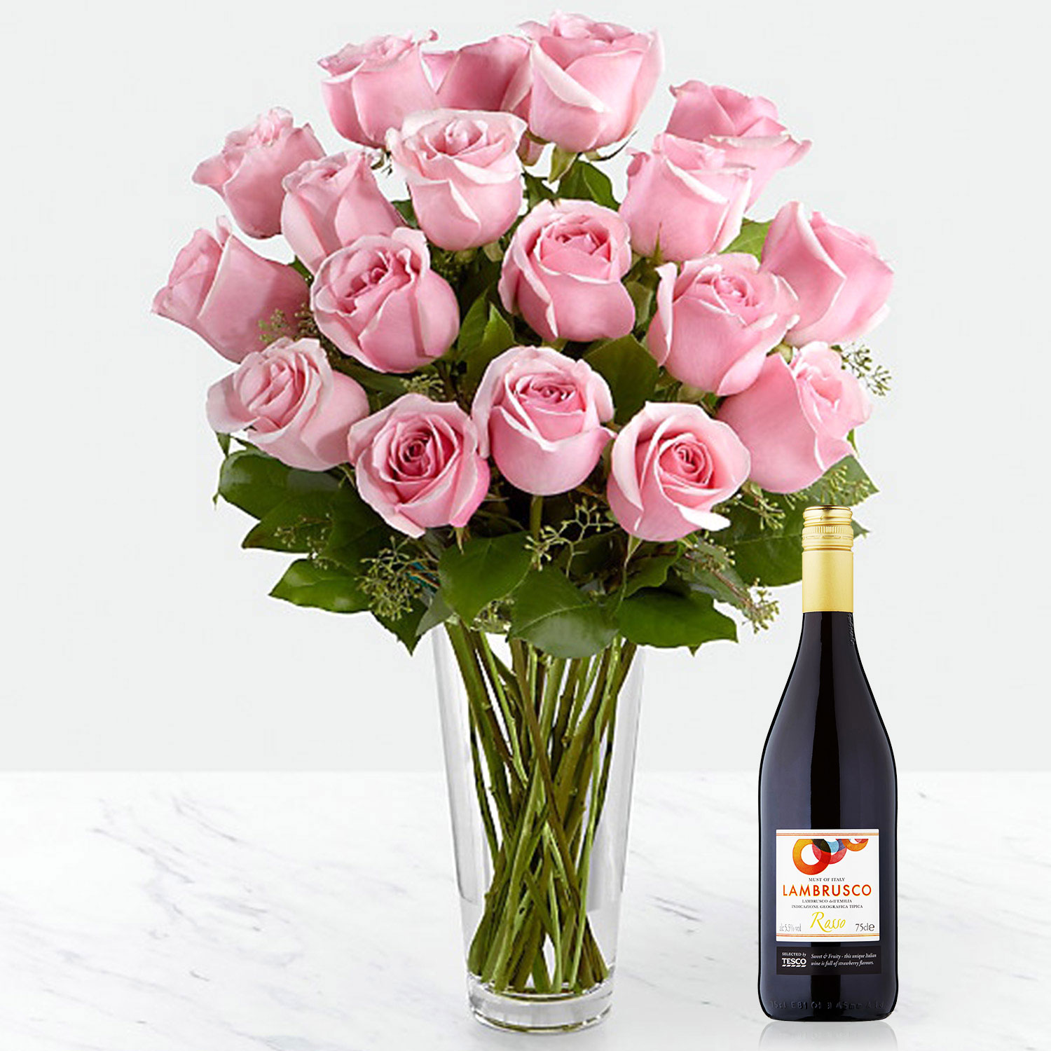 Online 12 Delicate Pink roses Vase With Tesco Rosso Wine Gift Delivery ...