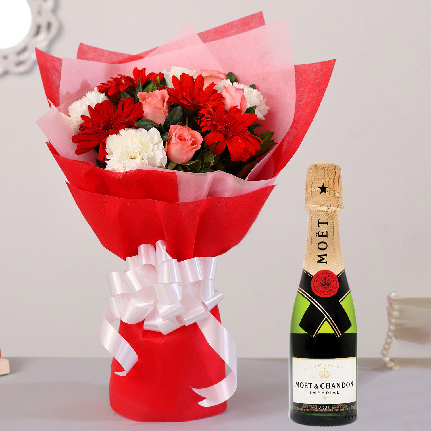 Online Mixed Flowers Gerberas Bouquet With Moet Champagne Ml Gift Delivery In Singapore FNP