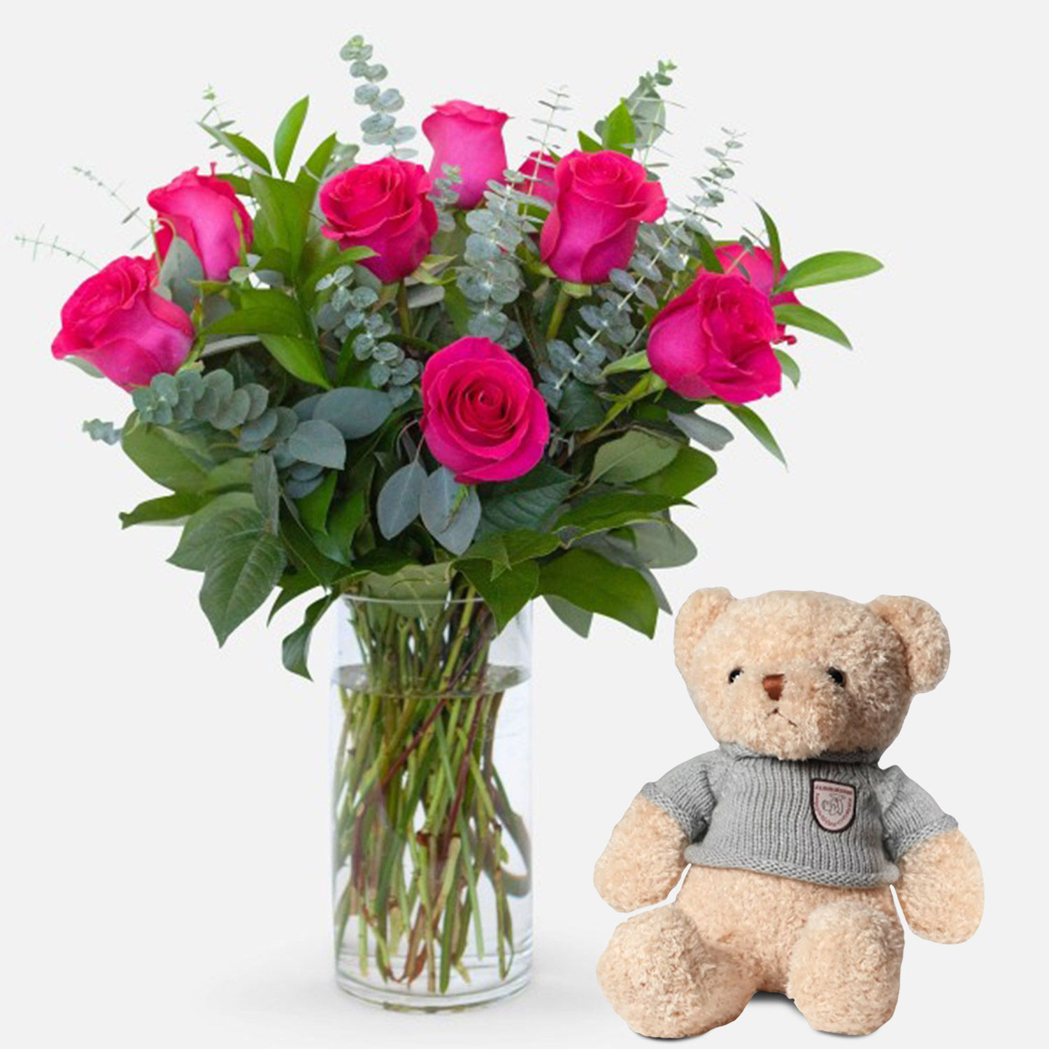 Online 12 Pink Roses Glass Vase Arrangement With Teddy Bear Gift 