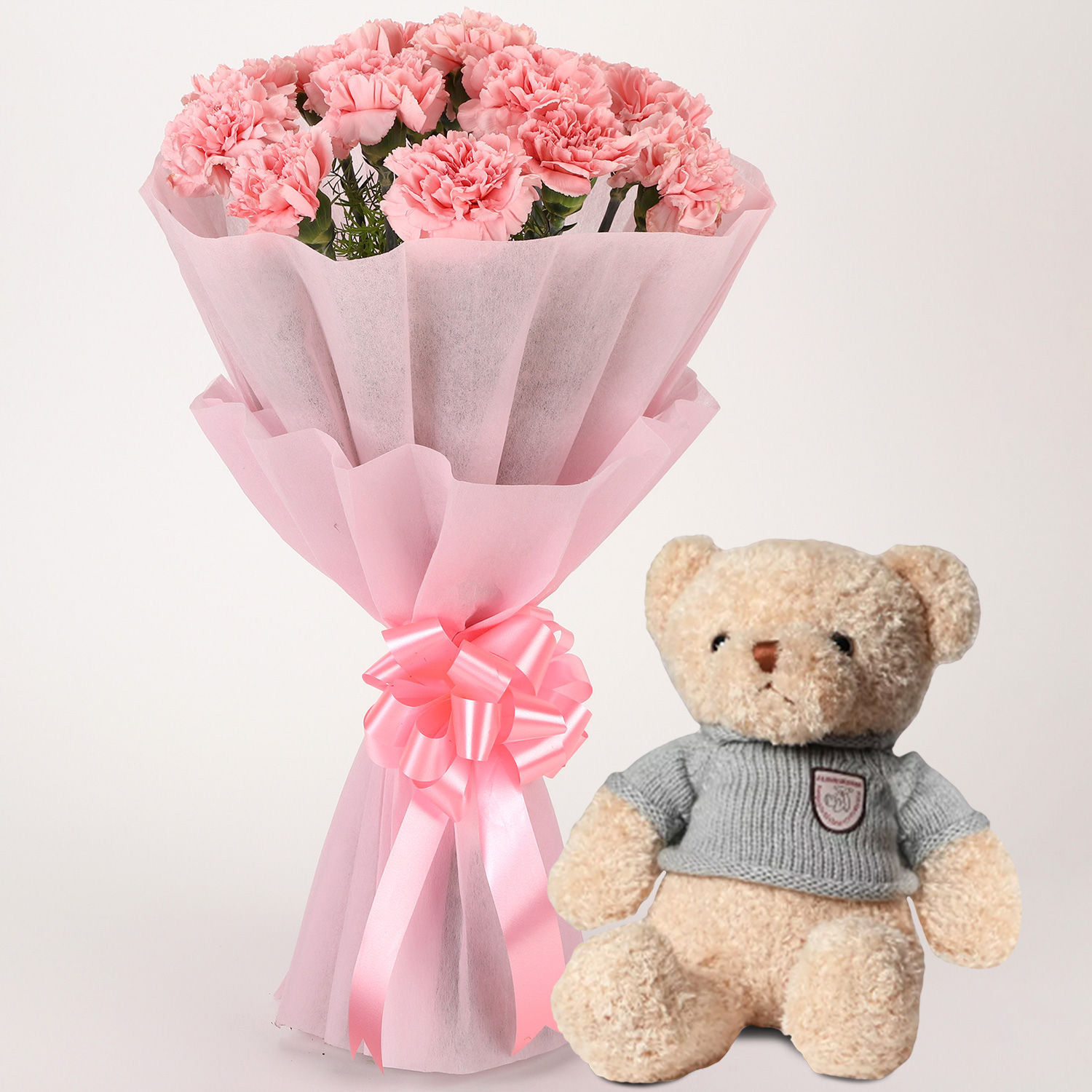 Online Radiant 10 Pink Carnations Bunch with Teddy Bear Gift Delivery ...