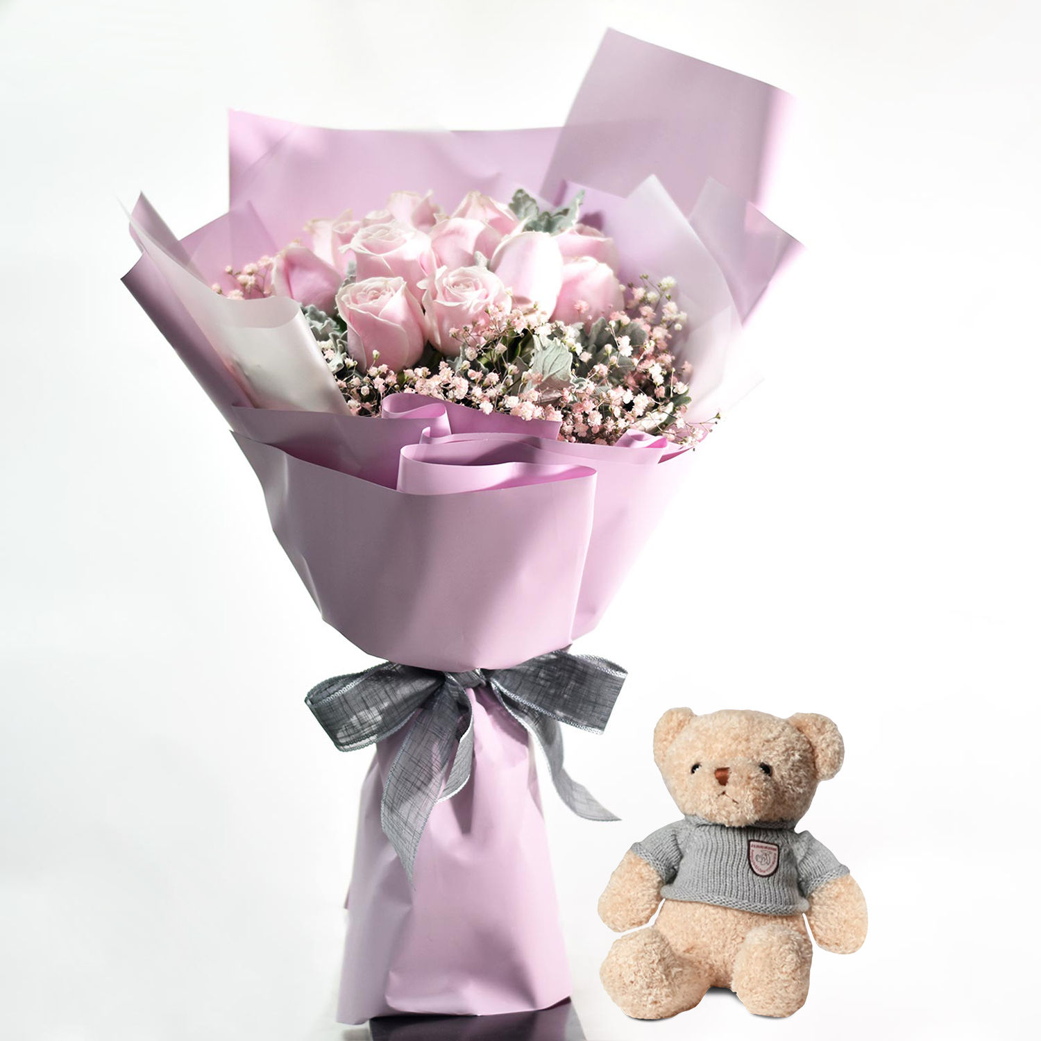 Online Beautiful Pink Roses Bouquet With Teddy Bear Gift Delivery in ...