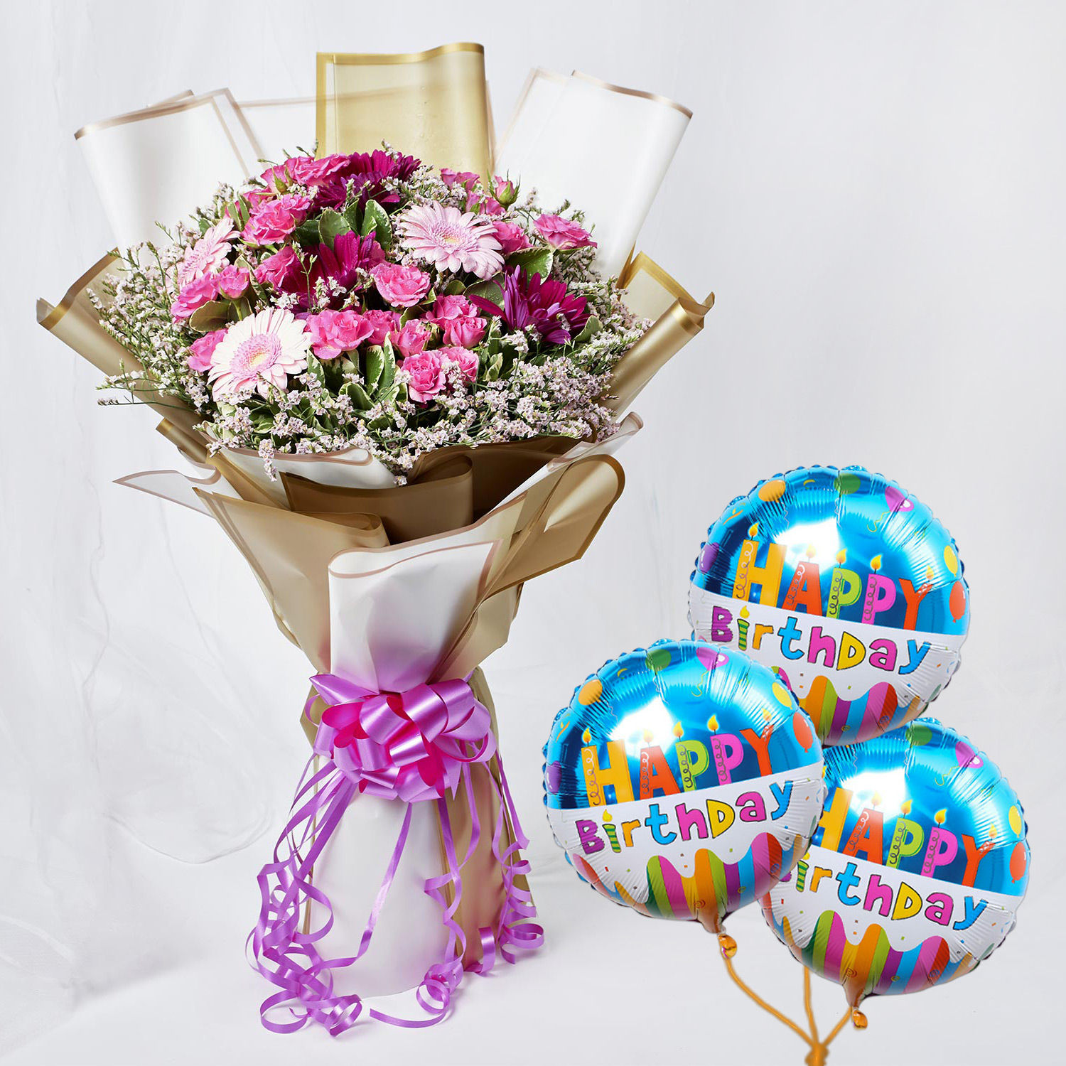 Online Heavenly Mixed Flowers With Birthday Balloons Gift Delivery in