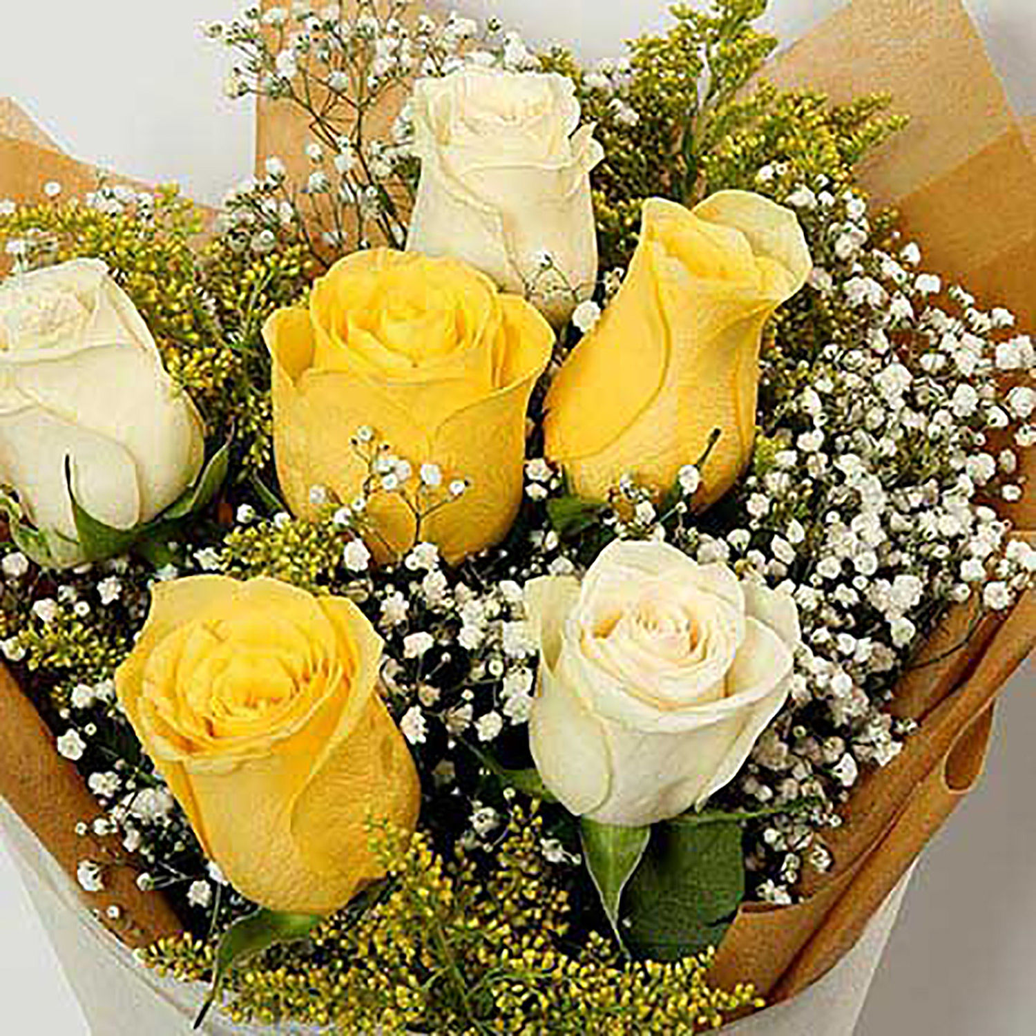 Online Bunch Of 6 White and Yellow Roses Gift Delivery in Singapore