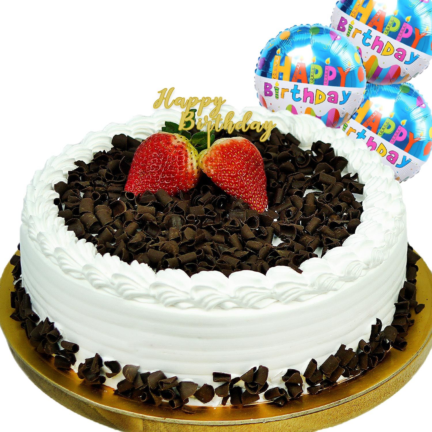 Online Black Forest Happy Birthday Cake With Birthday Balloons Gift