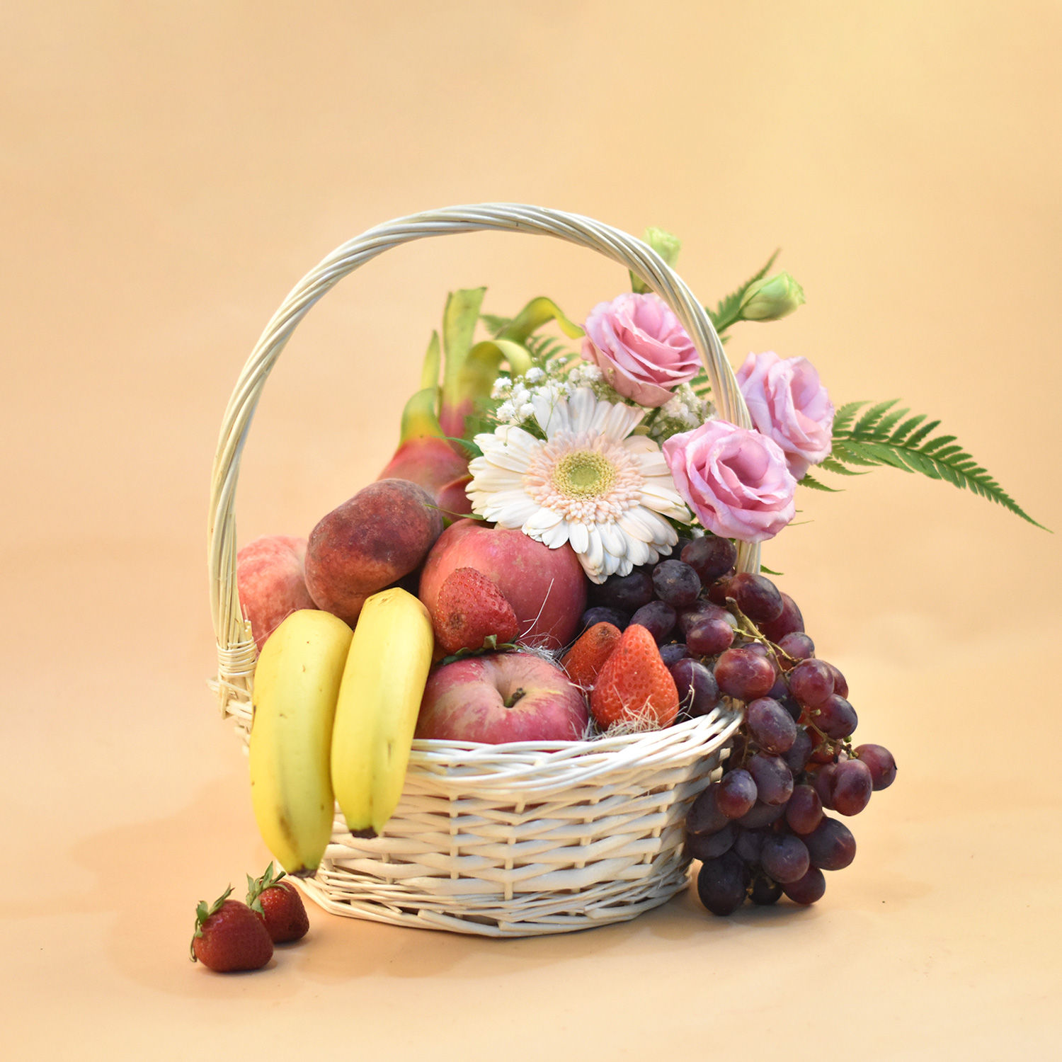 Online Mixed Flowers & Assorted Fruits Round Basket Gift Delivery In 