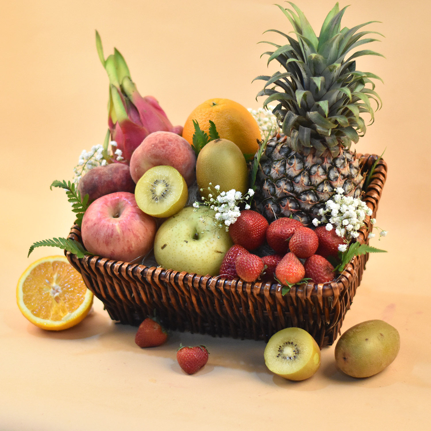 Online Assorted Fruits Rectangular Basket Gift Delivery in Singapore FNP