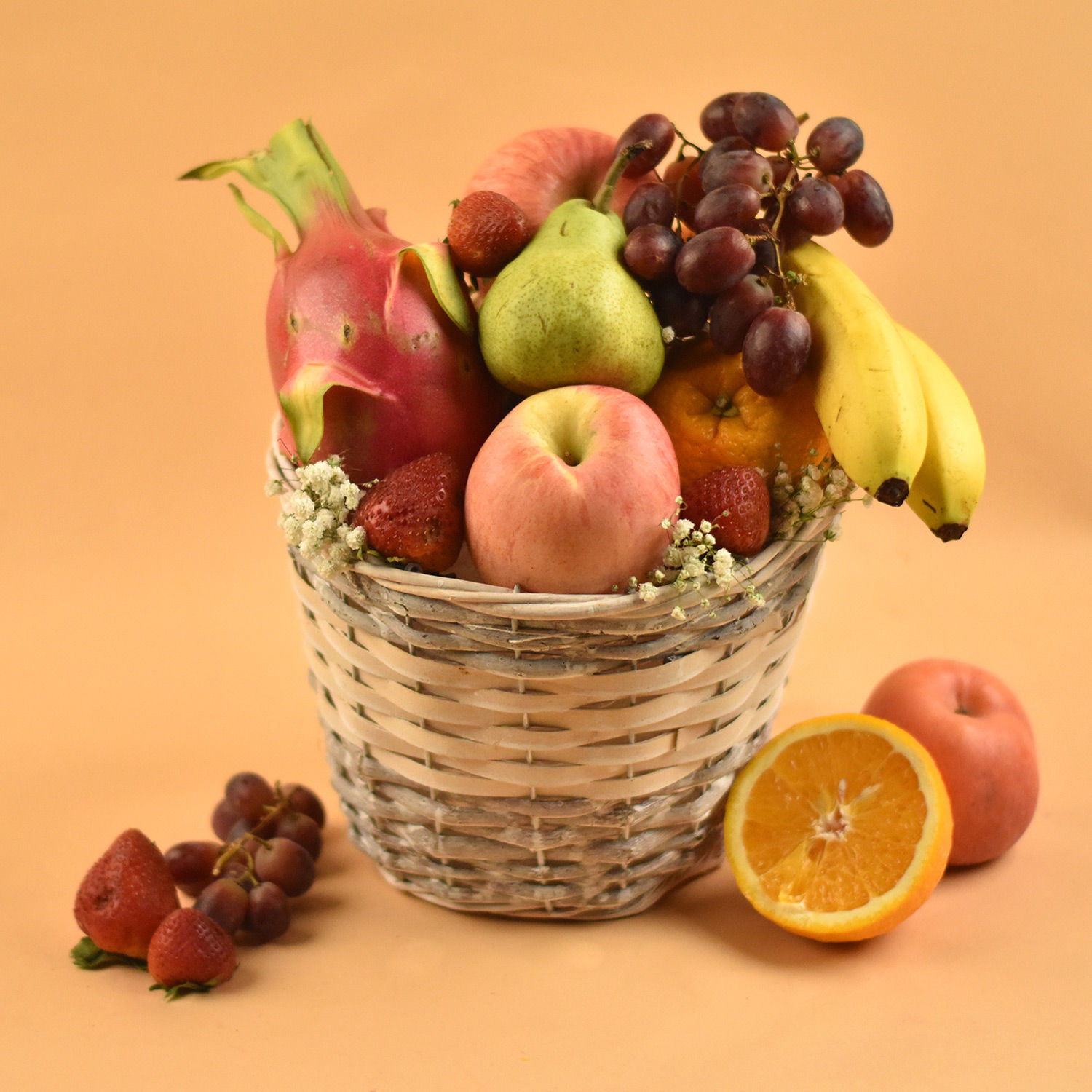 Online Assorted Healthy Fruits Willow Basket Gift Delivery in Singapore