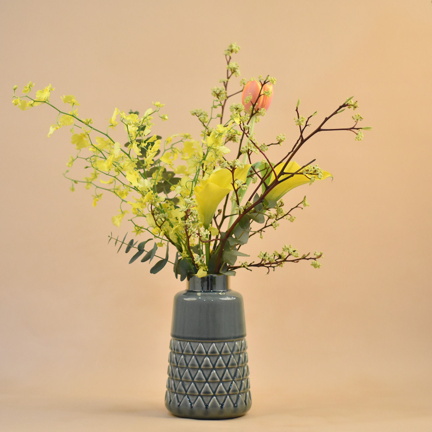Online Orange Tulip & Yellow Lily Designer Vase Gift Delivery in
