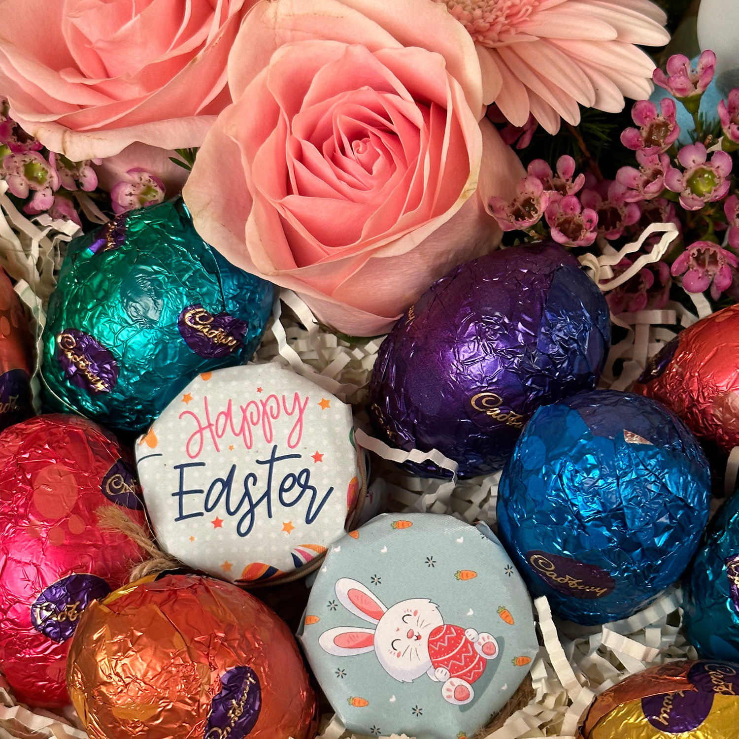 Online Flower With Bunny and Chocolates Basket for Easter Gift Delivery